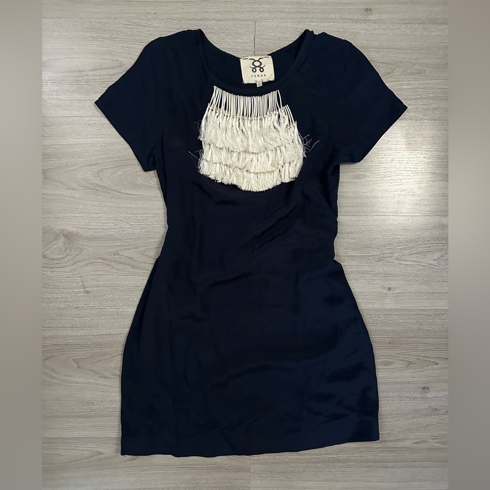 Figue Navy Blue Dress with Cream Fringe